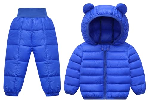FEOYA - Kids Snowsuit Set 2 Pcs Winter Padded Hooded Jacket Puffer Coat and Snow Pants Down Trousers Toddler Ski Suit Outfit Warm Solid Outerwear with Cute Ears for Child 3-4 Years