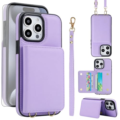 Coque iPhone 15 Pro étui portefeuille porte-carte de crédit protection écran verre trempé