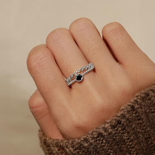 Layered Black Onyx Leaf Ring for Women Men Adjustable Leaf Stacking Ring Dainty S925 Sterling Silver Double Layer Statement CZ Black Birthstone Engagement Promise Ring Birthday Jewelry4