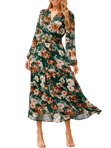 Simplee Women's Floral Boho Long Sleeve Maxi Dress V Neck Empire Waist Swing Flowy Wedding Guest Dress Emerald Green Floral M