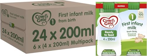 Cow & Gate 1 First Infant Baby Milk Ready to Use Liquid Formula, from Birth, 4x200ml (Pack of 6, Total 24 Bottles) (Packaging may vary)