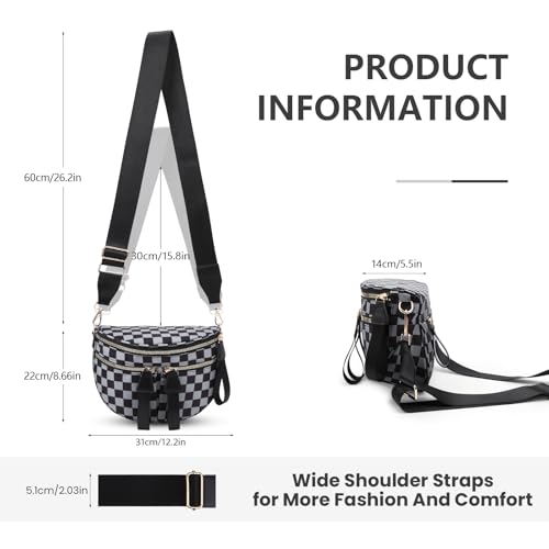Image of hibear Checkered Crossbody Bag Spacious Bum Bags for Women Nylon Crossbody Fanny Packs Checkered Purse Belt Wallet (W-grey)
