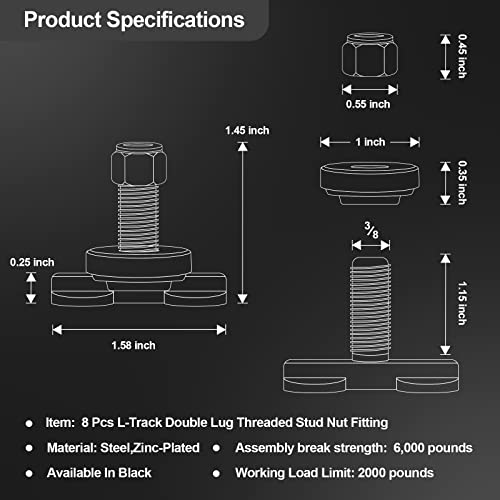 8 Pcs L-Track Double Lug Threaded Stud Nut Fitting Tie Down| Used With L Track Rail For Truck Bed,Trailer Cargo Control,Pickup,Rv,Atv,Bearing 6000 Lbs Heavy Duty Steel #TOP1