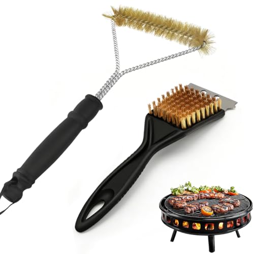 2 Stück Grillbürste Messing,Messingbürste Grill,Grillbürste Für Gussrost,Grill Reinigungsbürste,Mit Edelstahlschaber,Speziell zur Reinigung von Gussrost, Gasgrill und Holzkohlegrill (Y & Schaufel)