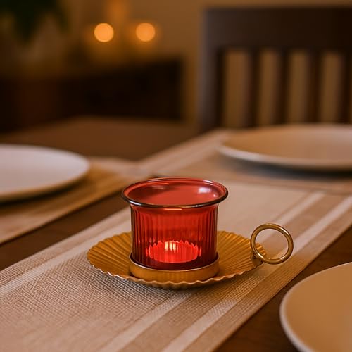 Image of MARKET 99 Metal+Glass Single Votive T Light Holder | for Diwali, Christmas, Birthday, and Wedding | Decorative Candle Holder for Home Decor & Festive Season | Golden & Red