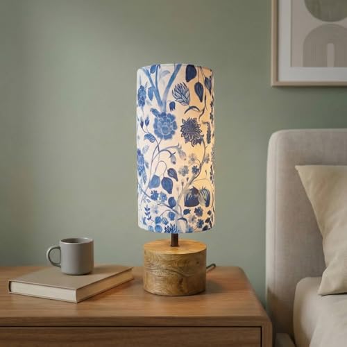Image of ExclusiveLane 'Indigo Bloom' Mango Wooden Decorative Table Lamp for Bedroom (37.4 Cm, Without Bulb, Pack of 1, Handcrafted) |Table Lamp for Living Room Decoration Lamps Bedside Lamp for Bedroom