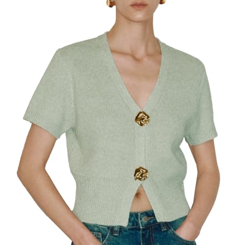 Image of URBAN REVIVO Women's Cardigan Sweaters Short Sleeve V Neck Gold Button Down Cropped Knit Casual Summer Tops