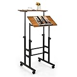  LIFEZEAL Scrivania Sit-Stand con Ruote, Scrivania Mobile per Computer con Ripiani, Tavolo da Studio con Struttura in Acciaio Regolabile in Altezza, per Ufficio, Camera da Letto e Soggiorno (noce)