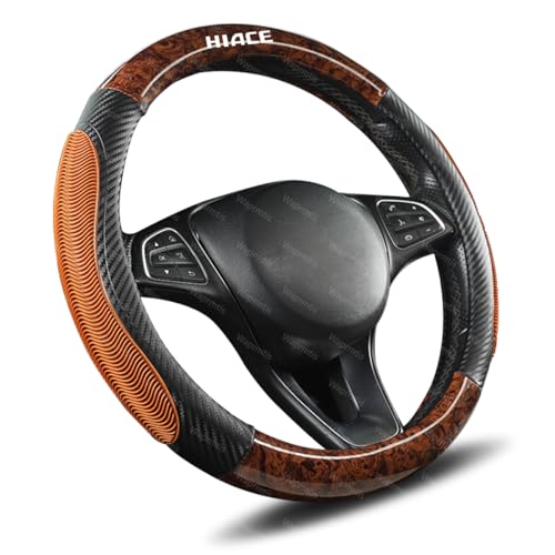 ハイエース ハンドルカバー カーボン×木目調 ステアリングカバー ハイエース 200系 3型 4型 5型 6型 おしゃれ 通気性がよい 滑り防止 ハンドル 保護カバー O型 ホイールカバー カスタム インテリア 車用品(ブラウンOタイプ)