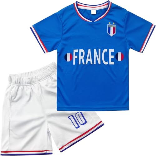 Kundychow France Children's Soccer Jerseys Kids Two - piece Set FR Football #10 Uniform Shirt and Comfort Shorts, Soccer Fans Gifts for boys and Girls,3-4T
