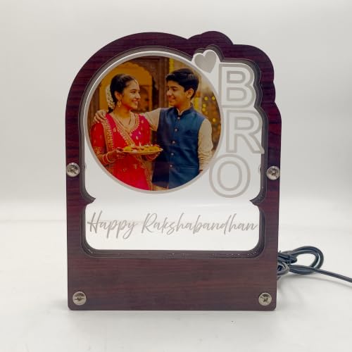Image of lampees Personalised Rakshabandhan BRO LED Photo Frame Stand | Warm LED Illumination, Dark Wood & Acrylic, Custom Photo Upload