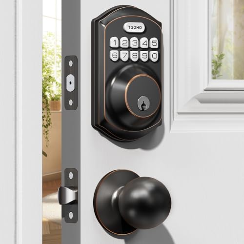 TEEHO TE001K Keyless Entry Door Lock with Handle, Electronic Keypad Deadbolt with 2 Knobs, High-Security Front Door Handle Set for Home & Rental, Smart Auto-Locking, Easy Install, Oil-Rubbed Bronze