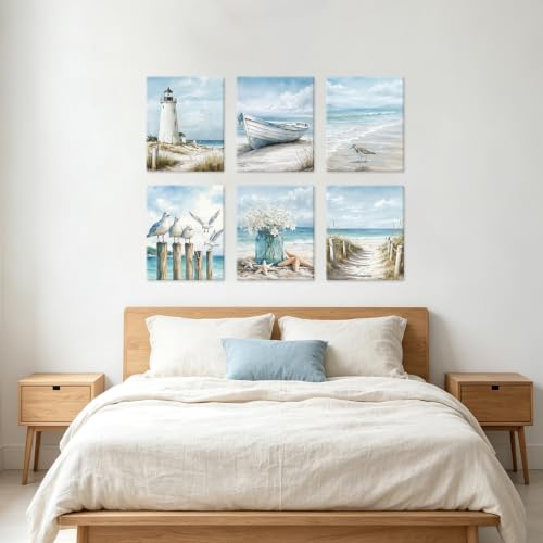 Image of CHDITB Coastal Beach Framed Canvas Wall Art, Summer Ocean Seaside Decor