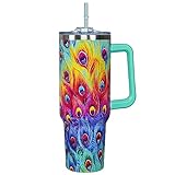 40 Oz Tumbler With Handle 40oz Peacock Tumbler With Lid Straw Double Insulated Travel Coffee Mug Peacock cup Gifts For Women
