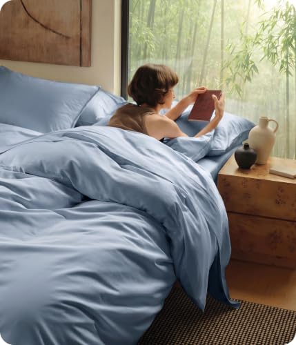 Image of Bedsure Cooling Duvet Cover Queen Size, Cotton & Viscose Derived from Bamboo Duvet Cover Set, PureWoven Ultra-Soft, Breathable & Lightweight Home Bedding for All Seasons (Light Blue,90 inchx90 inch)
