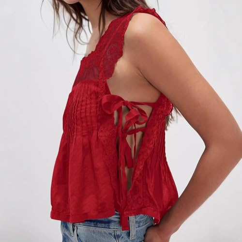 Summer Y2k Tie Side Cami Square Neck Lace Backless Tank Tops 2000s Crop Tops Coquette Boho Women Camisole4