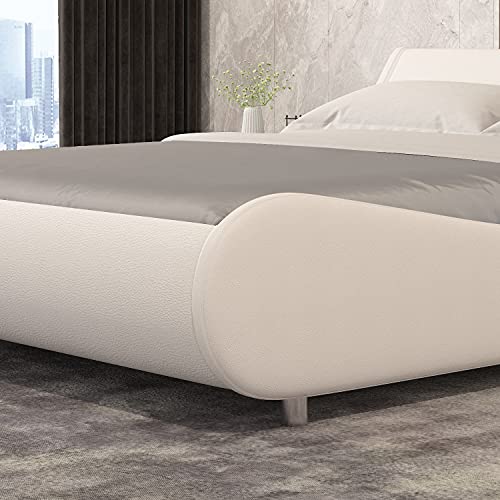 Einfach Modern Queen Upholstered Platform Bed Frame,Low Profile Bed Frames With Adjustable Headboard, Faux Leather Bed/No Box Spring Needed/Easy Assembly,White #TOP3