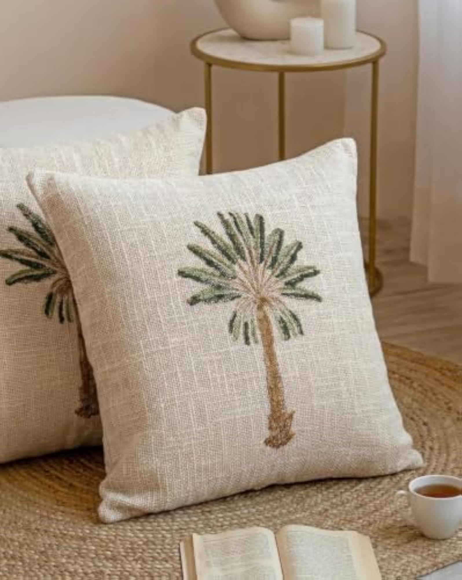 Palm Tree Cotton Jute Cushion Cover Set, Decorative Throw Pillows