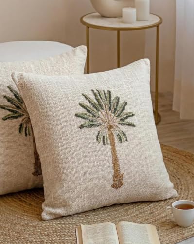 Image of Palm Tree Cotton Jute 10pcs Cushion Cover Set Decorative Throw Pillow Covers 40x40 cm, Beige Color (Pack of 10, 16x16 Inch)
