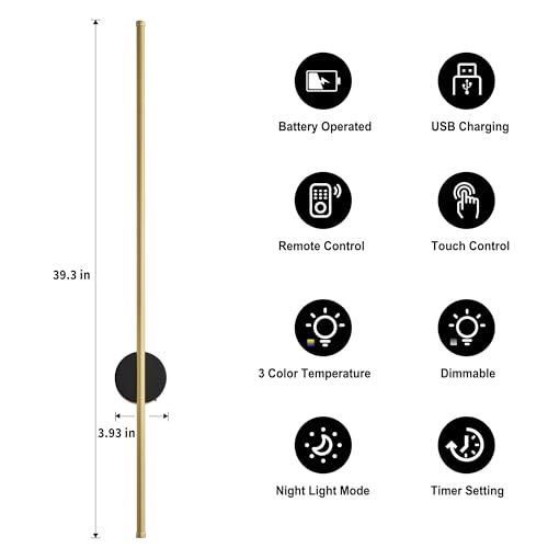 Image of Battery Operated Modern Wall Sconce Set of Two,Rechargeable Wireless Wall Lights with Remote Control,Dimmable,3 CCT,Cordless Lighting Fixtures for Bedroom,Living Room,Hallway,39.3 Inch,Black Gold