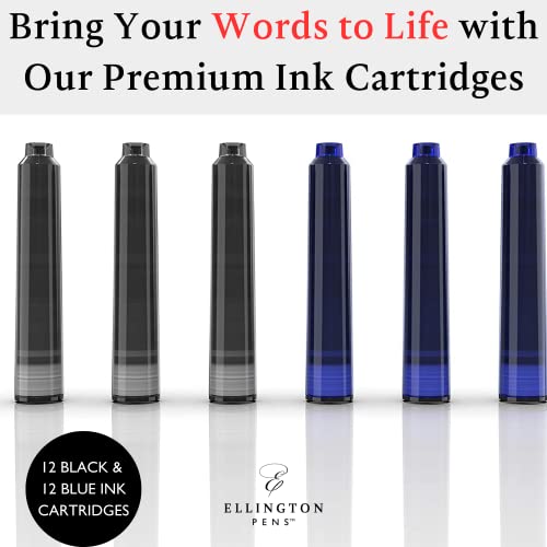 Image of Ellington Pens 24 Vibrant Fountain Pen Ink Refills - 24 Pack International Standard Size Cartridges - Ink for Fountain Pens - Premium Quality & Non-Toxic, Long-Lasting & Waterproof, Dries Quickly