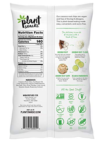 Plant Snacks Lime Cassava Root Chips, Vegan, Big-8 Allergen Free, Non-GMO Project Verified, Gluten Free, Grain Free, No Added Sugar, 5 oz Bags, Pack of 3
