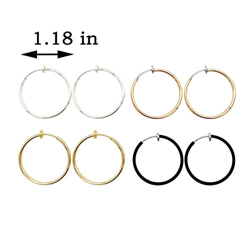 Laxpicol Large Clip On Earrings Gold Silver Black Rose Gold 4Pcs 1.18In(30Mm) Stainless Hoop Earrings Clip On Earrings For Women Girls No Piercing #TOP1