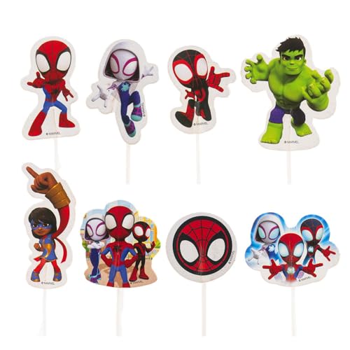 Dekora Cake Toppers Spidey 16 unidades (8 designs diferentes), decorações oficiais para cupcakes e bolos da Marvel, toppers de papel plastificado com pauzinhos adequados para alimentos