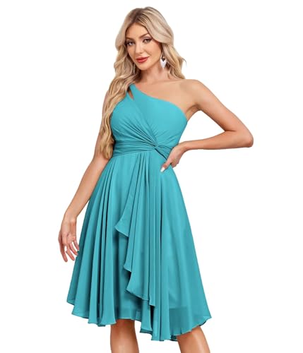 Women's One Shoulder Short Bridesmaid Dresses A Line Chiffon Pleated Formal Party Dress with Pockets