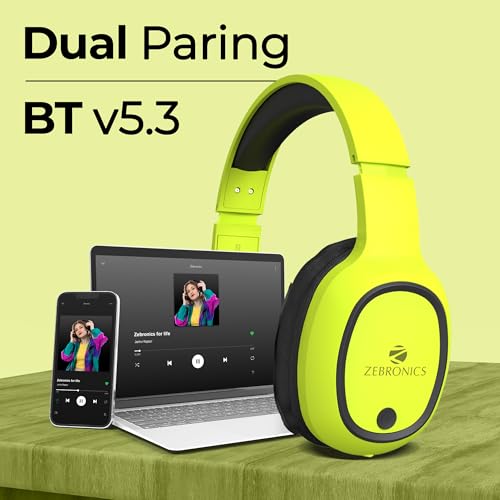 Image of ZEBRONICS Thunder Bluetooth Wireless On Ear Headphone FM, mSD, 60hrs Playback with Mic (Neon Yellow)