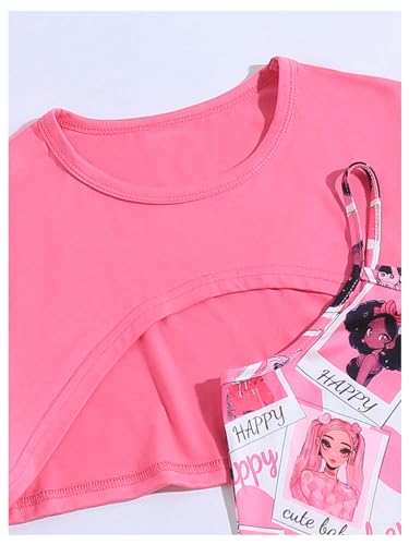 Image of SHENHE Girl's 2 Piece Outfit Crewneck Short Sleeve Crop Tee Tops and Heart Print Cami Dress Set Hot Pink 10Y