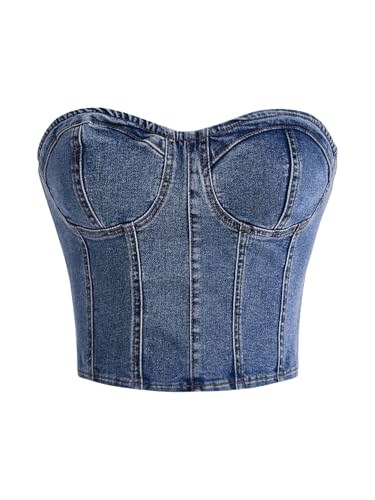 MakeMeChic Women's Denim Tube Top Shirred Sleeveless Bustier Tops Strapless Bandeau Y2k Crop Tops