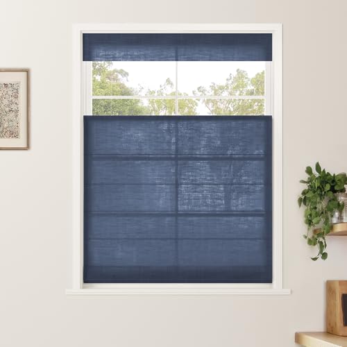 TWOPAGES Cordless Top Down Botton Up Roman Shade Customized Linen Roman Window Shade Light Filtering Blackout Roman Shade for Kitchen Indoor Windows, Install Hardware Included, 1 Piece, Navy Blue