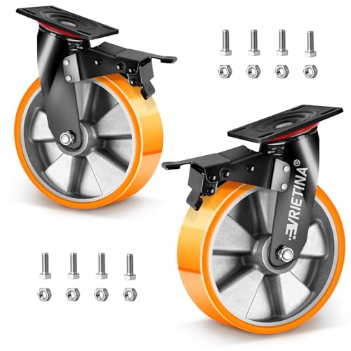 2 ruedas de 200 mm para cargas pesadas con freno, núcleo de aluminio PU para cargas pesadas, capacidad de carga 1000 kg, ruedas giratorias industriales de 360°, para laboratorios de investigación