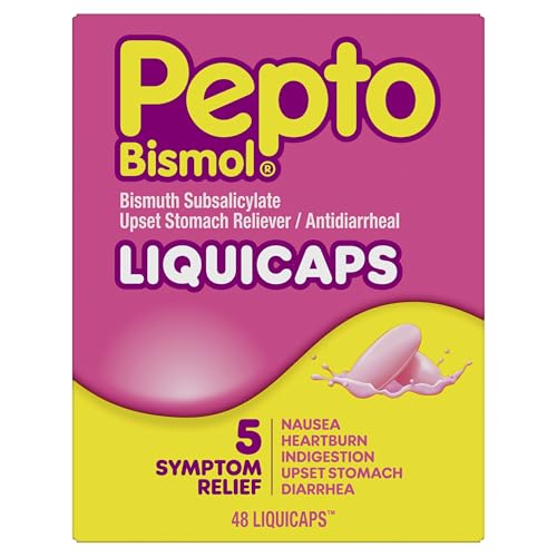 Pepto Bismol Liquicaps Upset Stomach Relief Nausea Relief Heartburn Relief Indigestion Relief Anti Diarrhea Medication for Adults - 5 Symptom Fast Relief No Flavor 48 ct