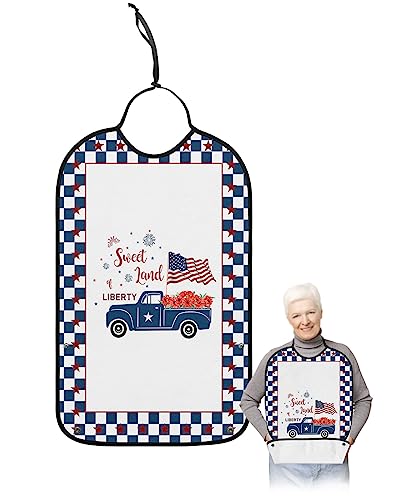4th of July Adult Bibs for Eating, Waterproof Bibs with Food Catcher & Adjustable Snap Closure, Independence Day Truck Blue Plaid Star Washable Clothing Protectors Adult Bibs for Elderly Women/Men