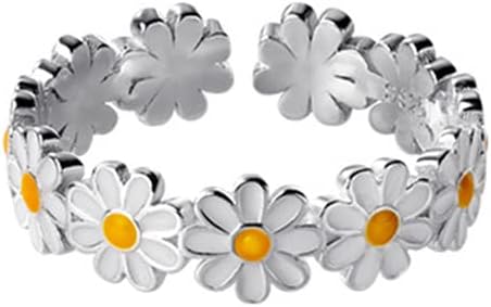 Cute Daisy Flower Open Statement Rings Sterling Silver 925 Adjustable Sunflower Wedding Engagement Ring Toe Ring Finger Band Eternity Dainty Jewelry Gifts for Women Girls Birthday