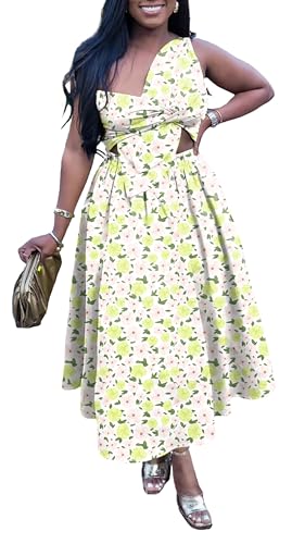 Image of YUEWOO Midi Dresses for Women Casual Summer Sundresses Vacation Outfits Spaghetti Strap Smocked Women Maxi Dress with Pockets
