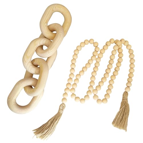 EMINGSKY 2 Pieces Decorative 5 Link Wooden Chain Decor and Bead Boho Farmhouse Rustic Home...