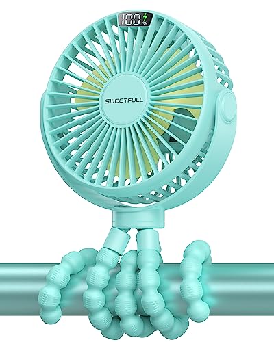 SWEETFULL Portable Stroller Fan, LED Display 6000mAh Battery Operated Mini Clip Fan, 4 Speed Rechargeable Small Personal Fan Handheld Desk Cooling Fan For Car Seat Crib Treadmill Travel(Cyan)