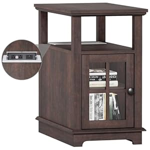 HIFYOBRO Narrow End Table with Flip Top Charging Station, Storage Side Table, Adjustable Shelf, Type-C & USB Port & Power outlets, Narrow Table with Storage for Living Room and Bedroom