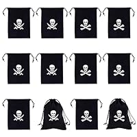 XCSJ 12 Pcs Piraten-Geschenktüten, 15x11 cm, Wiederverwendbare Halloween Piratenbeutel mit Kordelzug, Piraten Deko, Gastgeschenke (Schwarz)