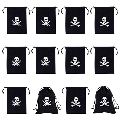XCSJ 12 Pcs Piraten-Geschenktüten, 15x11 cm, Wiederverwendbare Halloween Piratenbeutel mit Kordelzug, Piraten Deko, Gastgeschenke (Schwarz)