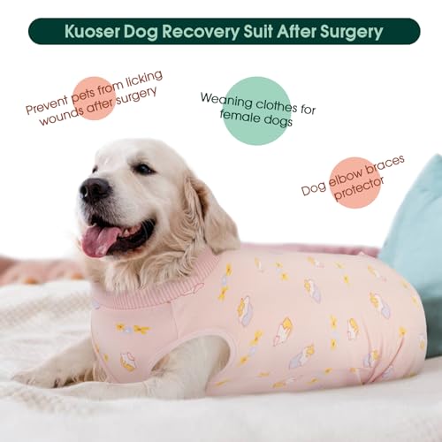 Image of Kuoser Dog Recovery Suit with Anti Licking Rear Leg Sleeve, PinkCake M | Abdominal Dog Surgical Suit with Pants Cover Protect Wounds, Dogs Elbow Protector Soft Pet Surgery Onesie Cone Alternative