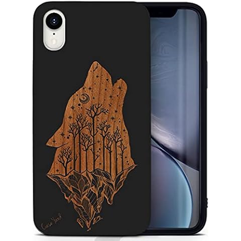 CaseYard Wood Phone case for iPhone XR Laser Engraved Howling Wolf Design Black Wood Compatible iPhone case Protective Shockproof Slim fit Cell Phone Cover for Men & Women Cover