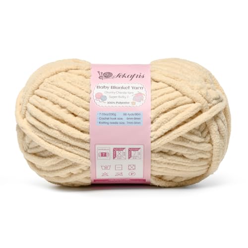 Image of Beige 7.05 oz /98.4 yds Chunky Chenille Yarn for Crocheting, #7 Super Bulky Baby Blanket Yarn for Crocheting Soft, Fluffy Velvet Yarn for Knitting, Amigurumi Crochet Yarn for Crafts