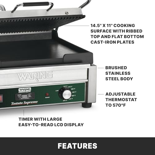 Image of Waring Panini Press with Timer, 14.5 inch x 11 inch Cooking Surface | Ribbed & Flat Cast Iron Plates, 14.5 inch x 11 inch Cooking Surface, 570F Adjustable Thermostat, for Sandwiches up to 3 inch Thick, 120V