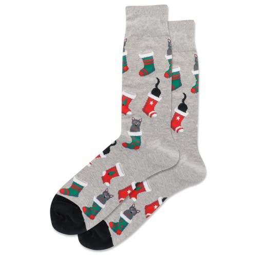 Hot Sox Men's Holiday Fun Crew Socks-1 Pair Pack-Cool & Funny Gifts-Christmas & More, Cats in Stockings (Gray), 6-12