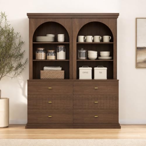 Image of ivaniti 71 inch Arched Kitchen Pantry Cabinet Set of 2 with 6 Drawers, Dark Brown Freestanding Storage Hutch with Open Shelves and Gold Handles for Kitchen, Dining Room