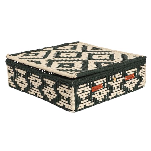 Image of Kaahira Handmade Decorative Storage Box and Organiser | Macrame Gift Hamper Box for Cosmetics, Toiletries & Return Gifts | Aesthetic Rope Woven Organizer (Green and White, Large - 14x10x4 inches)